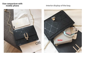 Detail of black geometric shoulder bag showing internal capacity and phone size comparison