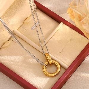 Minimalist double chain necklace with gold ring pendant in a premium jewelry box
