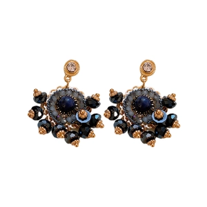 Orecchini vintage dorati con pietra blu scuro e nappe di perline di cristallo nero