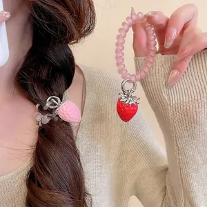 Élastique À Cheveux Spirale Avec Pendentif Fraise Cordon Téléphone Scrunchie Accessoire Coréen Doux Femmes Filles