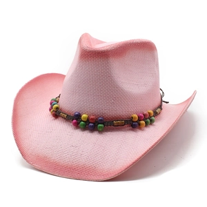 Western Cowboy Straw Hat Paper Woven With Colorful Wooden Beads Wide Brim Sun Protection Beach Vacation Retro Style