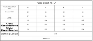 Detailed size chart for women's wool coat with measurements from XS to L in centimeters