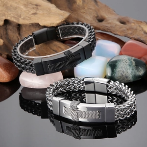 Hip hop stainless steel woven bracelets with cross plates in black and silver finishes