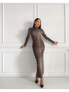 Fashionable leopard print long sleeve bodycon maxi dress with a stylish high neck design
