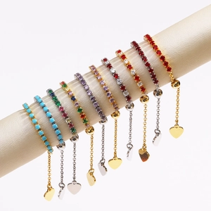 Adjustable tennis bracelets with colorful zircons and heart charms in gold and silver