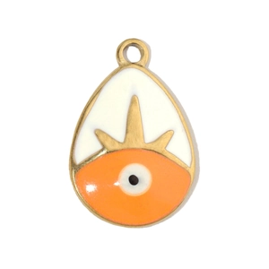 Macro shot of gold teardrop evil eye pendant with orange and white enamel finish