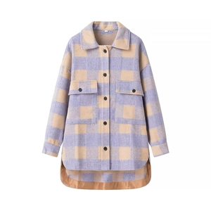 Women's oversized plaid shacket in purple and beige with buttoned chest pockets