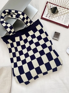 Checkerboard Knitted Tote Bag For Women Large Capacity Shoulder Handbag Casual Street Style Retro Polyester Bag
