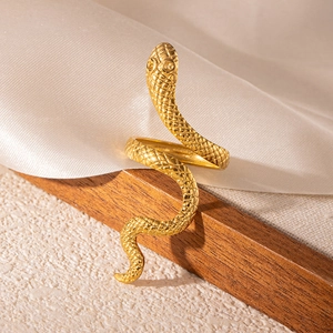 Detailed view of snake-shaped 18k gold plated ring with realistic scale textures