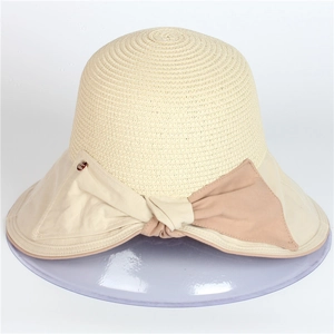 Damen Koreanischer Stil Große Krempe Sonnenhut Stroh Gewebt Stoff Krempe Mit Schleife Elegant Sommer Strand Sonnenschutz Anglerhut