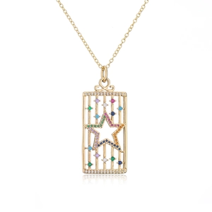 Detail showing the 18K gold plated necklace with a star motif and multicolored zircons