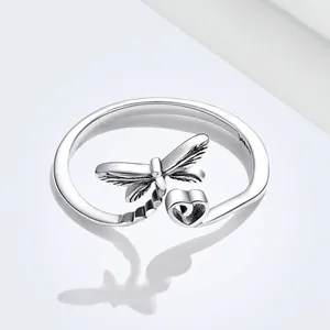 Retro s925 sterling silver open ring featuring a dragonfly and heart shaped design