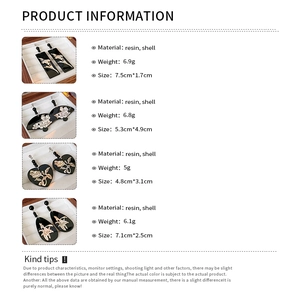 Detailed size and weight chart for geometric resin and shell earrings in various styles