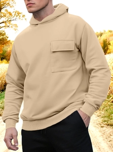 Close-up of khaki drawstring hood and utility pocket on men's cotton pullover hoodie