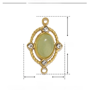 Macro detail of oval green natural stone pendant in gold stainless steel frame