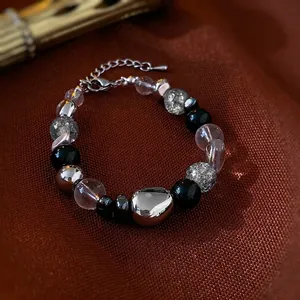Minimalist cat eye butterfly heart beaded bracelet with silver metal beads and crystals