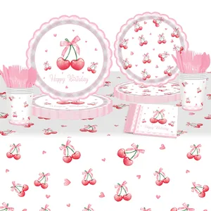 Pink cherry theme party tableware set with Happy Birthday paper plates and cups
