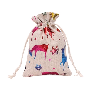 Christmas cotton linen drawstring gift bag with gold foil reindeer and snowflake patterns