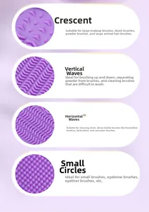 Detailed view of four distinct cleaning textures on a purple silicone makeup brush pad