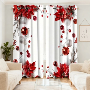 Détail des œillets en métal sur rideaux de Noël en velours avec motif de poinsettia