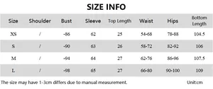 Detailed size chart for V-neck long sleeve top and wide leg pants set in centimeters