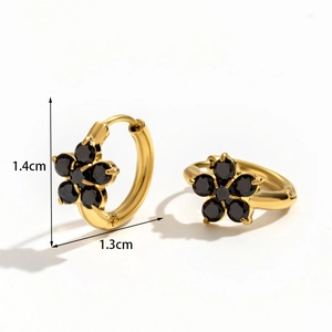 Golden flower drop earrings with black zircon stones in minimalist vintage style
