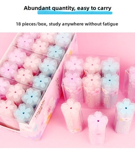 Detailed set of 18 cherry blossom shaped erasers in pink and blue gift box packaging