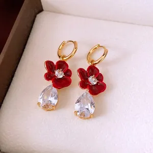18k gold plated vintage flower earrings with red enamel and teardrop zircon pendants