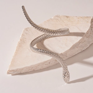 Detailed macro view of silver snake-shaped metal cuff with intricate scale texture