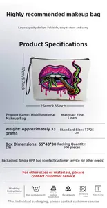 Detail view of 25x17cm linen makeup bag showing lip print and technical specifications