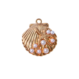 Golden sea shell pendant with starfish and pearls for DIY jewelry making and crafts