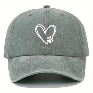 Washed grey cotton baseball cap featuring a white embroidered heart and paw print pattern