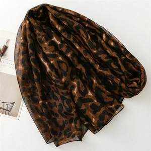 Close-up of semi-transparent leopard print scarf with soft texture and refined edge detail