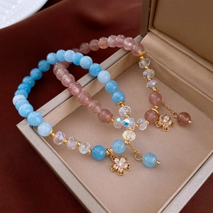 Bracelet Élastique En Perles Aquamarine Cristal Fraise Zircon Pendentif Fleur Or Bijoux Vintage Pour Femmes