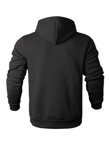Back view of men's black hooded sweatshirt showing ribbed cuffs and premium cotton texture