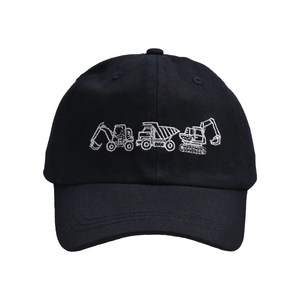 Detailed white embroidery of construction excavators on a black cotton kids baseball cap