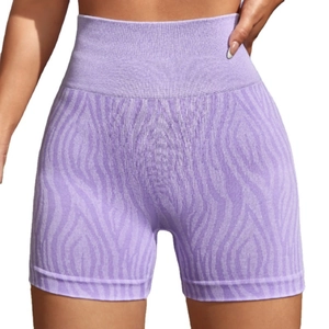 High-waisted purple zebra print fitness shorts with seamless knit for yoga and running