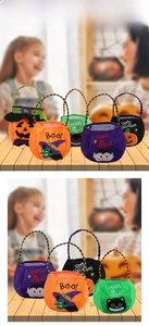 Halloween plush candy bags with pumpkin and witch designs and striped handles