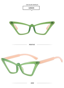 Detail view of green cat eye glasses frames with contrasting pink temples and side view