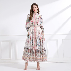 Vintage Print Maxikleid Stehkragen Knopfleiste Laternenärmel Mit Gürtel A-Linie Elegantes Langes Kleid Für Damen