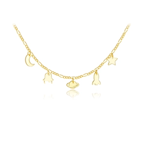 S925 silver gold-plated space charm necklace with moon, Saturn, and rocket pendants