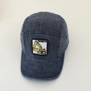 Deep grey kids denim baseball cap with excavator embroidery and curved visor