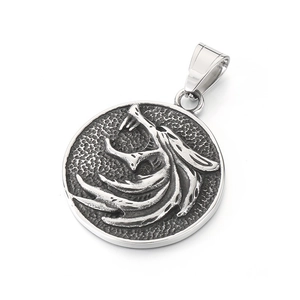 Nordic viking wolf head pendant in stainless steel with detailed silver engraving
