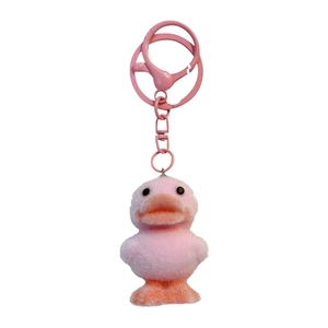 Cute pink flocked duck keychain pendant with matching pink metal ring for accessories