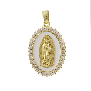 Gold-plated Virgin Mary pendant with white enamel and sparkling zircon stones