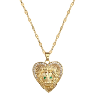 Luxurious gold heart pendant with lion head motif and zircon accents on chain