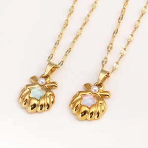 Shell Pendant Necklace With Artificial Pearl And Star Gold Plated Stainless Steel Ocean Style Jewelry For Women