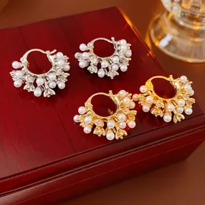 French Vintage U-Shaped Artificial Pearl Zircon Earrings Copper Metal Luxury Commuting Fashion Jewelry With Silver Earring Post