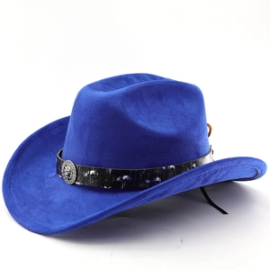 Close-up of royal blue suede cowboy hat featuring a black band with a silver lion head buckle