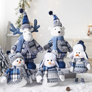 Blue and white Christmas plush figurines set with elk, polar bear, and snowmen for decor